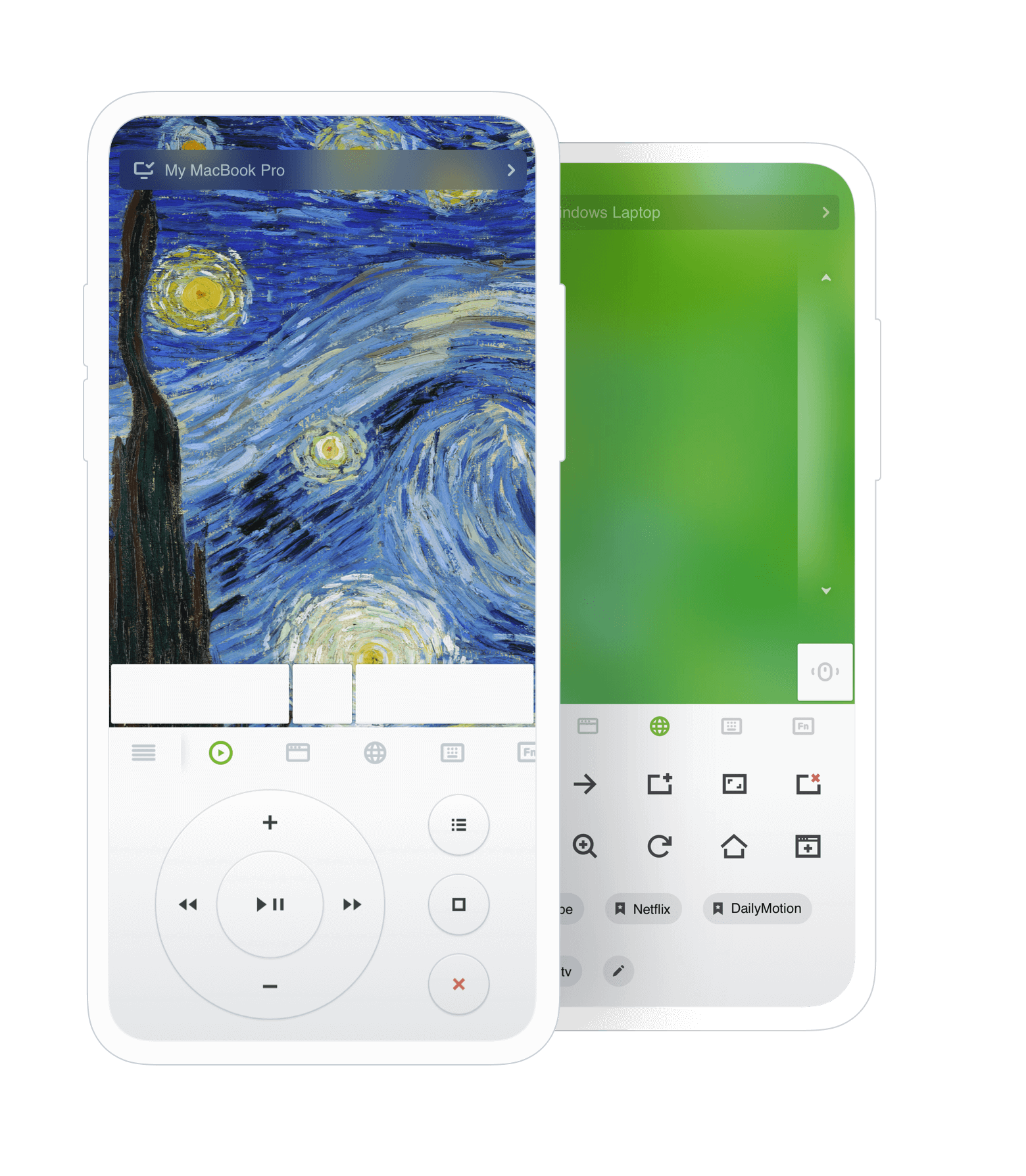 Remote Mouse feature panels for media control, shortcuts and more tools
